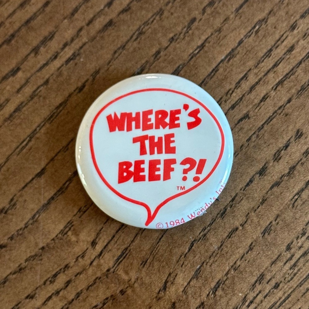 Vintage 1984 Wendys Wheres The Beef Pinback Button Fast Food Advertising 1 Inch